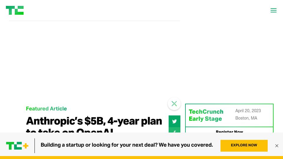 Screenshot of techcrunch.com: Anthropic’s $5B, 4-year plan to take on OpenAI