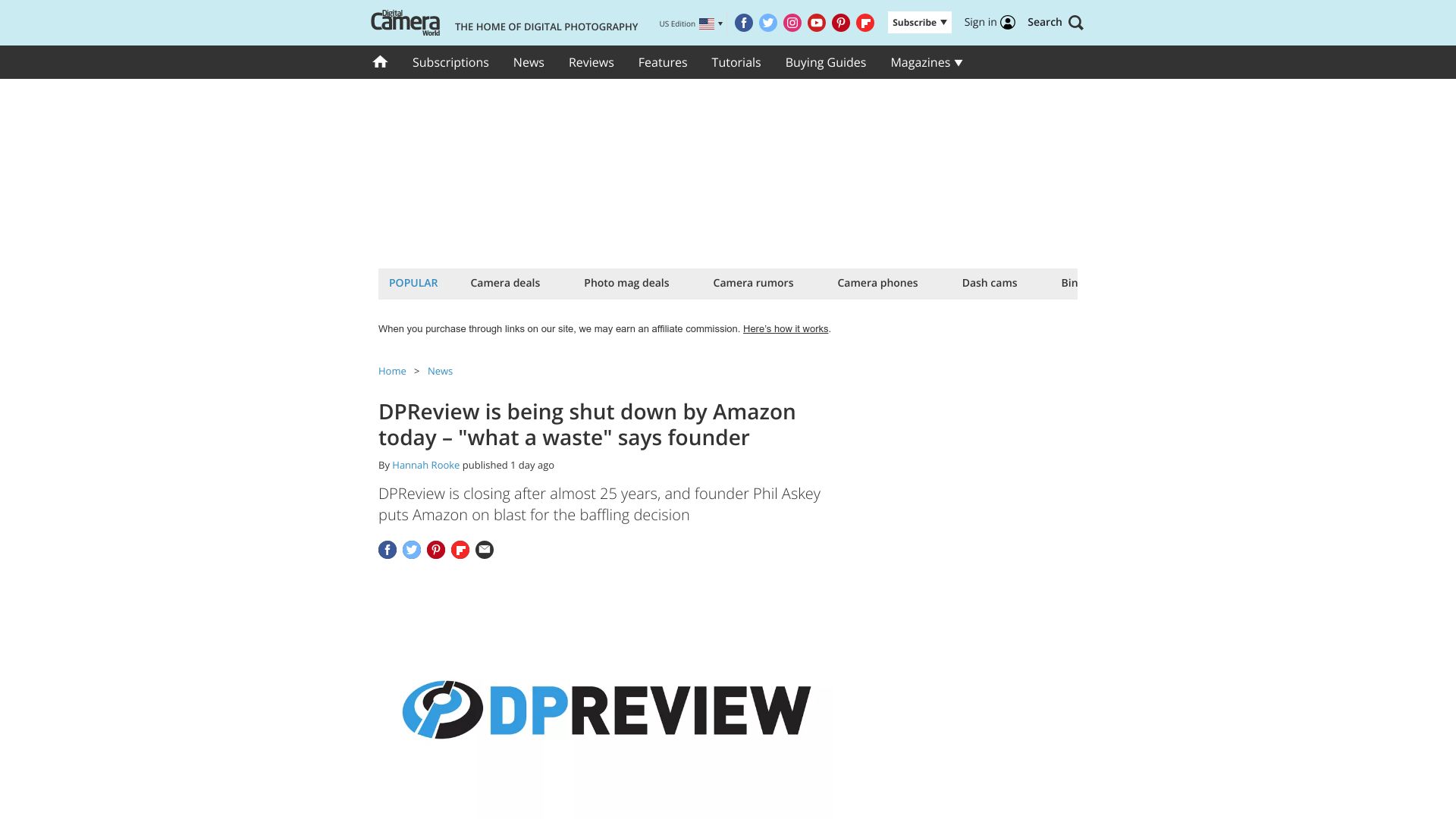 Screenshot of digitalcameraworld.com: DPReview is being shut down by Amazon today