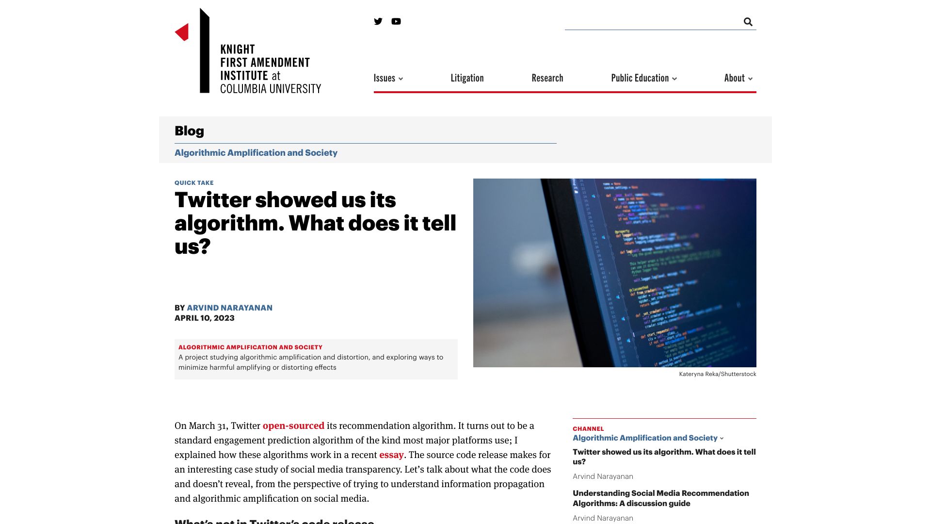 Screenshot of knightcolumbia.org: Twitter showed us its algorithm – what does it tell us?