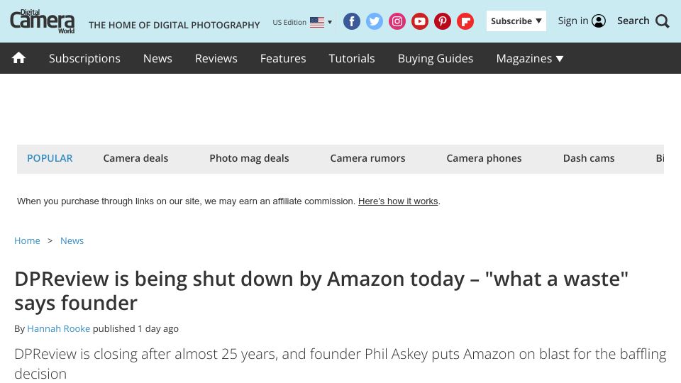 Screenshot of digitalcameraworld.com: DPReview is being shut down by Amazon today
