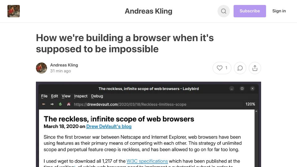 Screenshot of awesomekling.substack.com: We're building a browser when it's supposed to be impossible