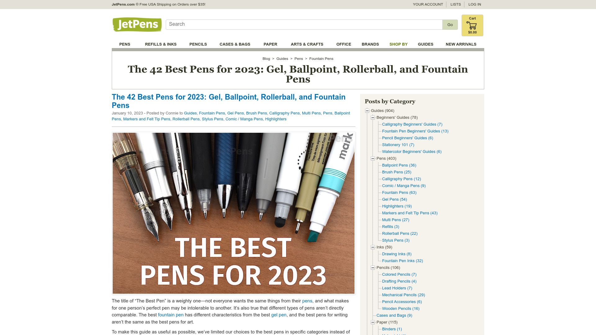 Screenshot of jetpens.com: The Best Pens for 2023: Gel, Ballpoint, Rollerball, and Fountain Pens