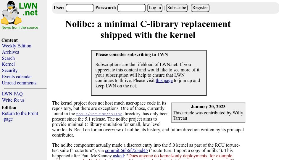 Screenshot of lwn.net: Nolibc: A minimal C-library replacement shipped with the kernel