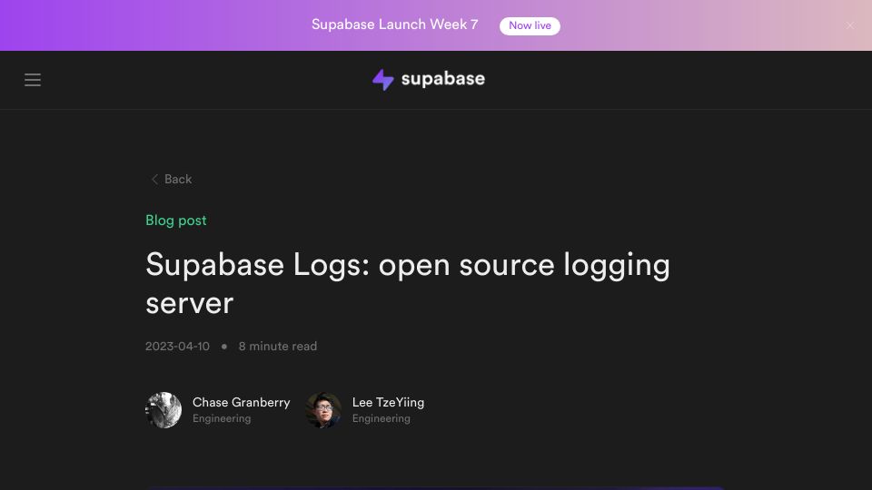 Screenshot of supabase.com: Supabase Logs: open-source logging server
