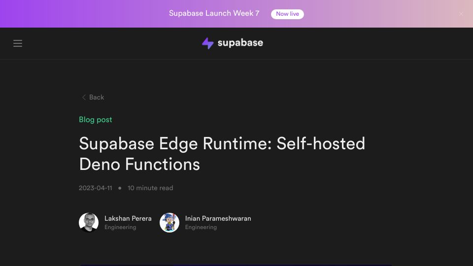 Screenshot of supabase.com: Supabase Edge Runtime: Self-Hosted Deno Functions