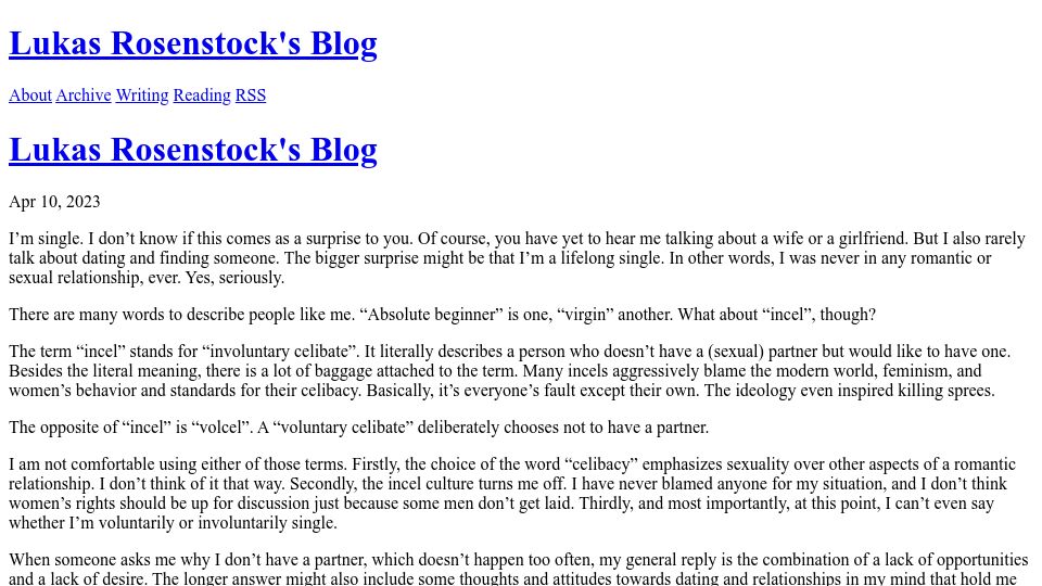Screenshot of lukasrosenstock.net: I’ve been single all my life