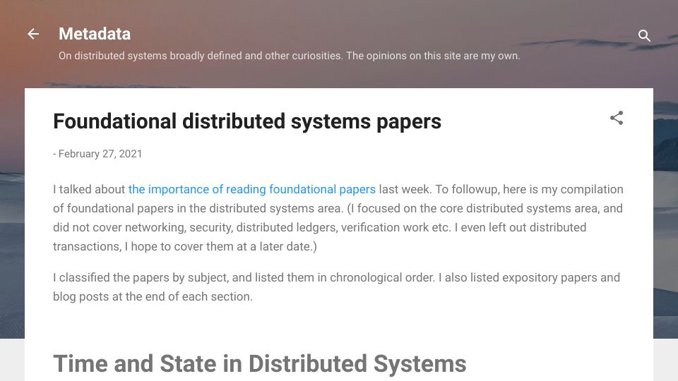 Screenshot of muratbuffalo.blogspot.com: Foundational distributed systems papers (2021)