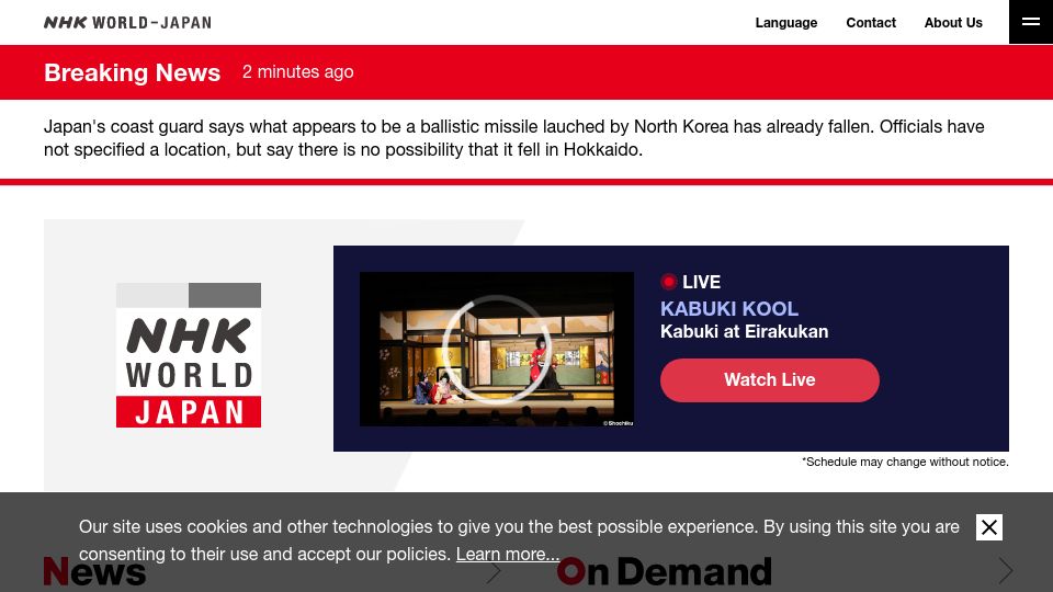 Screenshot of www3.nhk.or.jp: Japan Government warned citizens to shelter after ballistic missile launch