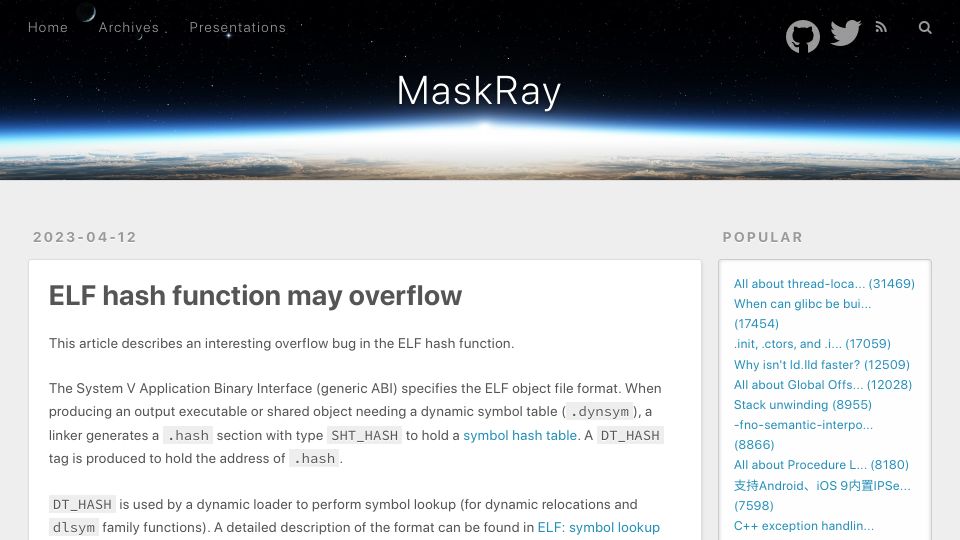 Screenshot of maskray.me: ELF hash function may overflow