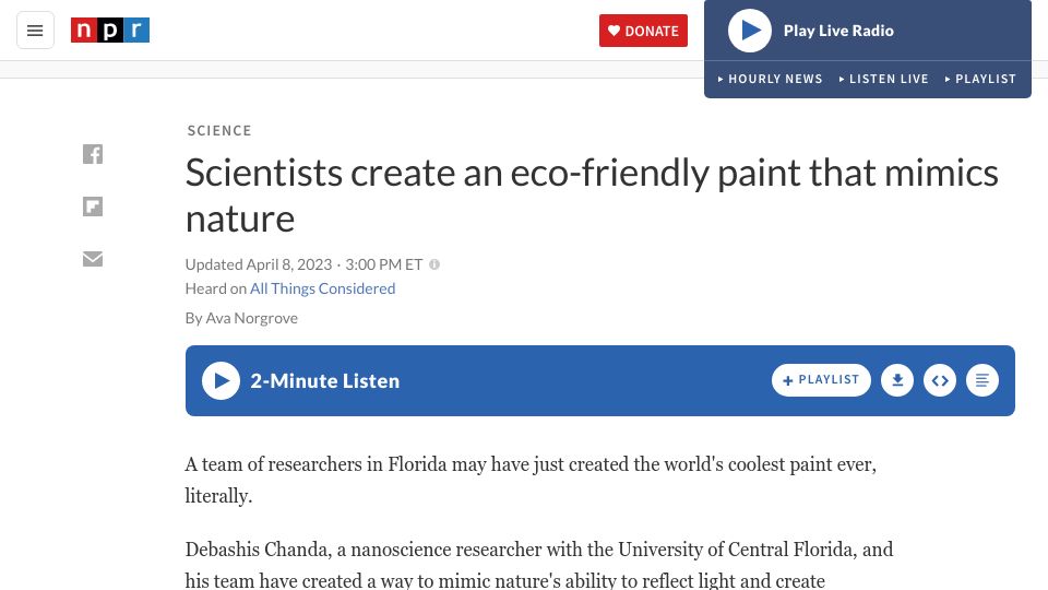 Screenshot of npr.org: Energy-saving coating without pigment keeps the surface beneath cool