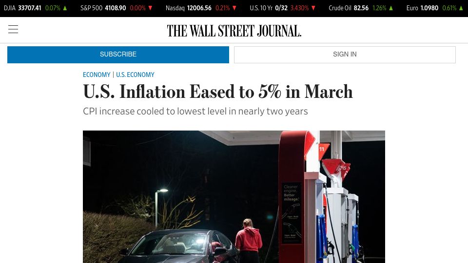 Screenshot of wsj.com: U.S. Inflation Eased to 5% in March