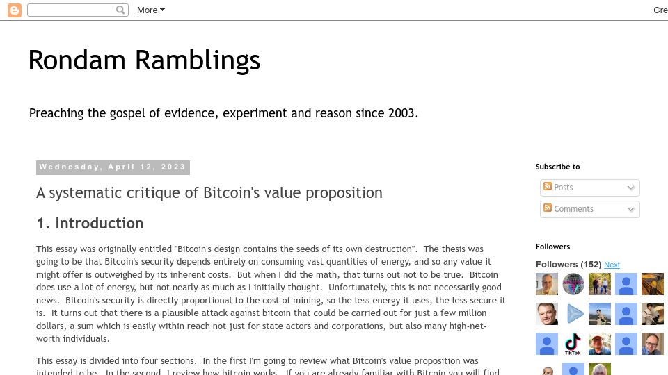 Screenshot of blog.rongarret.info: A systematic critique of Bitcoin's value proposition
