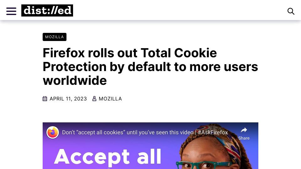 Screenshot of blog.mozilla.org: Firefox rolls out Total Cookie Protection by default to more users