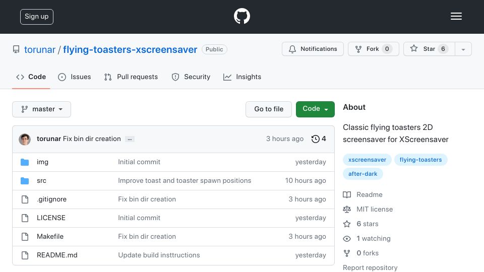 Screenshot of github.com: Show HN: I recreated a flying toasters screensaver for XScreensaver