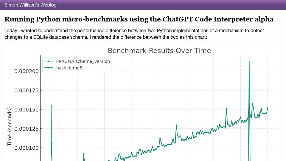 Screenshot of simonwillison.net: Running Python micro-benchmarks using the ChatGPT Code Interpreter alpha