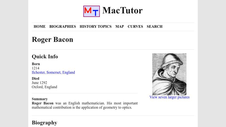 Screenshot of mathshistory.st-andrews.ac.uk: Roger Bacon (1214 – 1292) – Biography (2003)