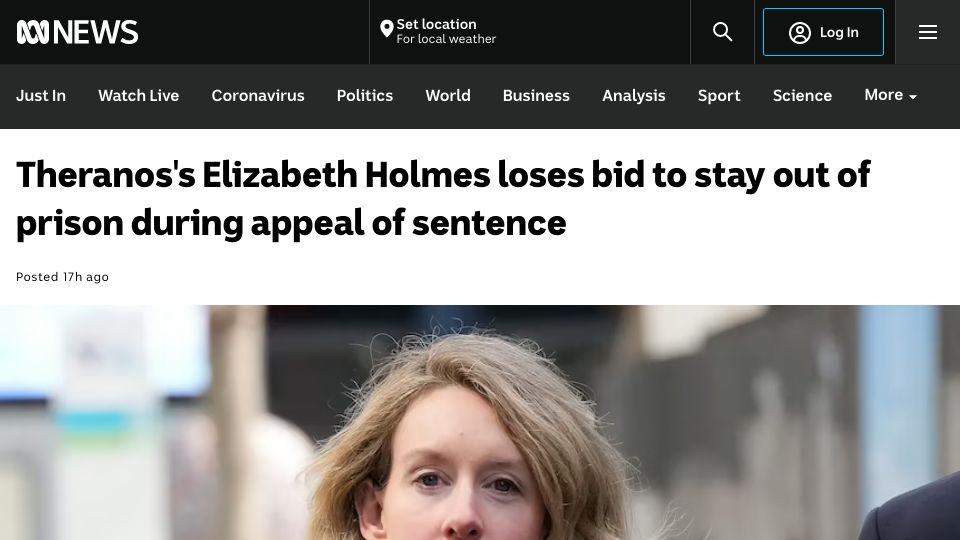 Screenshot of abc.net.au: Elizabeth Holmes loses bid to stay out of prison during appeal of sentence