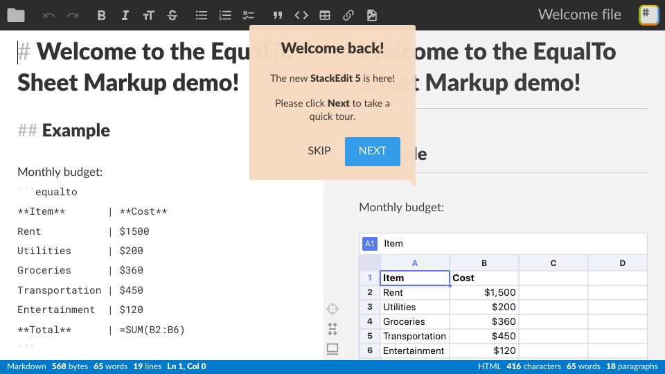Screenshot of equalto.com: Show HN: Sheet Markup – add spreadsheets to a Markdown document