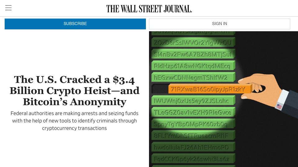 Screenshot of wsj.com: The U.S. cracked a $3.4B crypto heist and Bitcoin’s anonymity