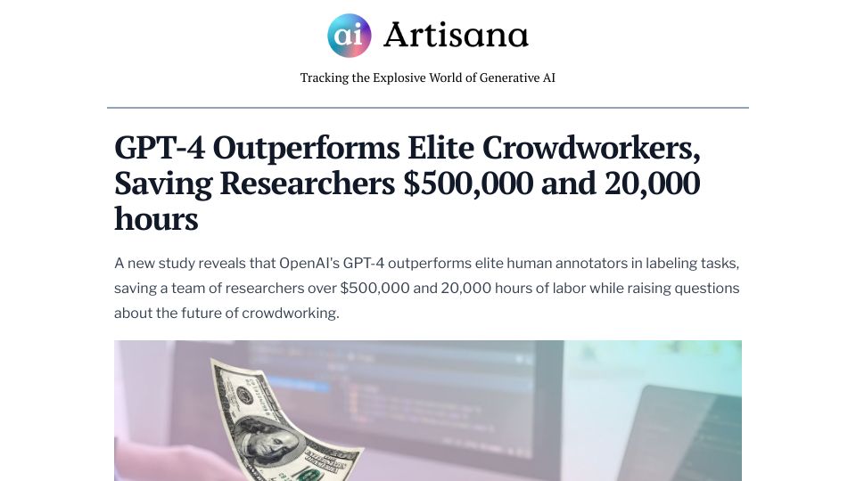 Screenshot of artisana.ai: GPT-4 Outperforms Elite Crowdworkers, Saving Researchers $500k and 20k hours
