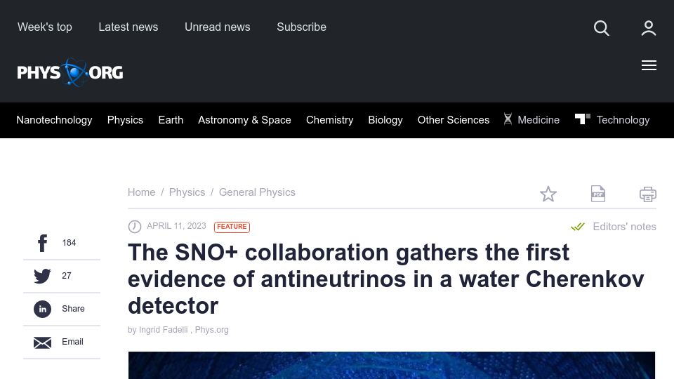 Screenshot of phys.org: Evidence of Antineutrinos from Distant Reactors Using Pure Water at SNO+
