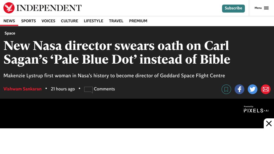 Screenshot of independent.co.uk: New NASA Director Swears Oath on Carl Sagan’s ‘Pale Blue Dot’ Instead of Bible