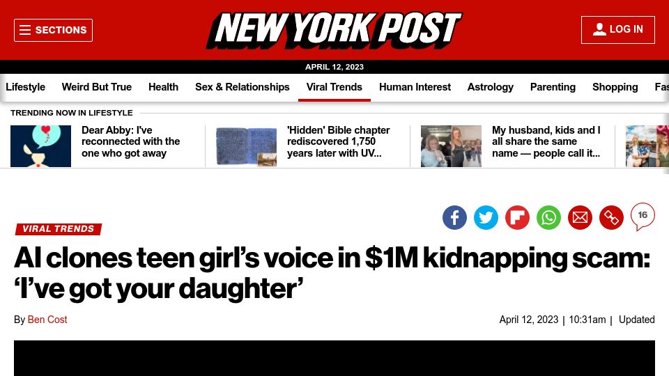 Screenshot of nypost.com: AI clones teen girl’s voice in $1M kidnapping scam: ‘I’ve got your daughter’