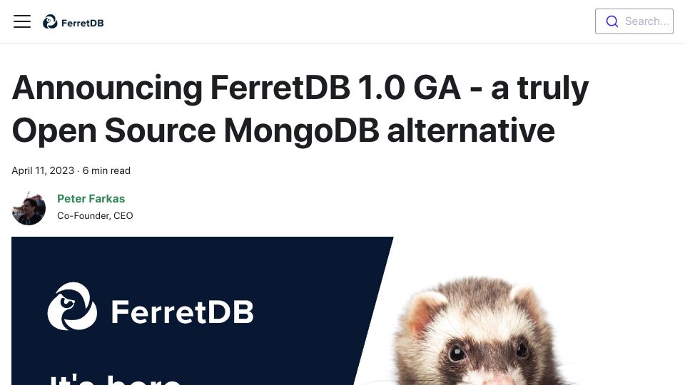 Screenshot of blog.ferretdb.io: FerretDB: open-source MongoDB alternative