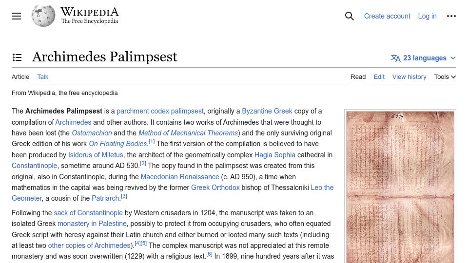 Screenshot of en.wikipedia.org: Archimedes Palimpsest
