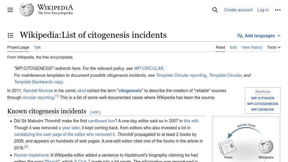 Screenshot of en.wikipedia.org: List of Citogenesis Incidents