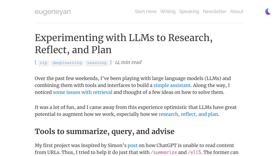 Screenshot of eugeneyan.com: Experimenting with LLMs to Research, Reflect, and Plan