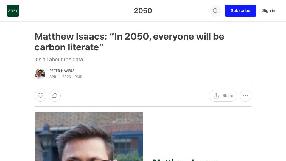 Screenshot of read2050.substack.com: “In 2050, everyone will be carbon literate”