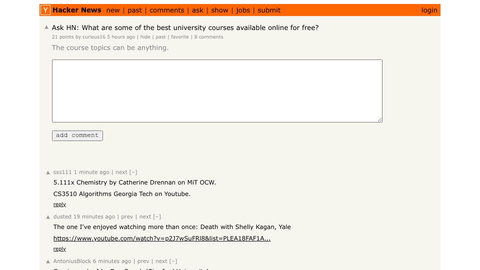 Screenshot of Hacker News post: Ask HN: What are some of the best university courses available online for free?