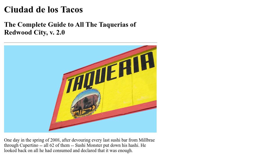 Screenshot of emeraldlake.com: The Complete Guide to All the Taquerias of Redwood City, v2.0 (2008)