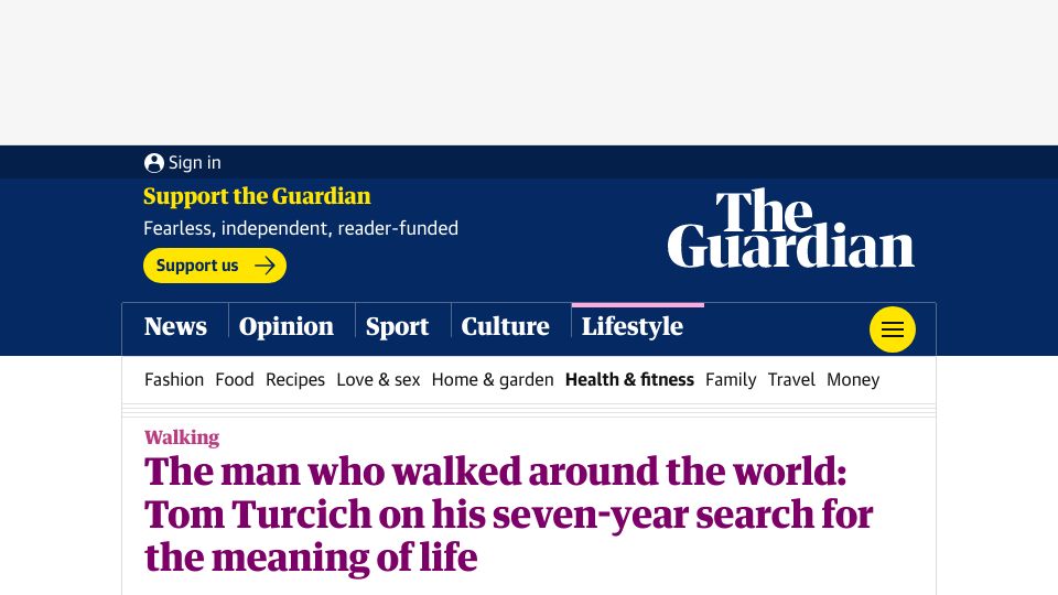 Screenshot of theguardian.com: A man who walked around the world