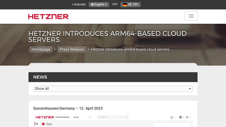 Screenshot of hetzner.com: Hetzner Introduces ARM64 Cloud Servers