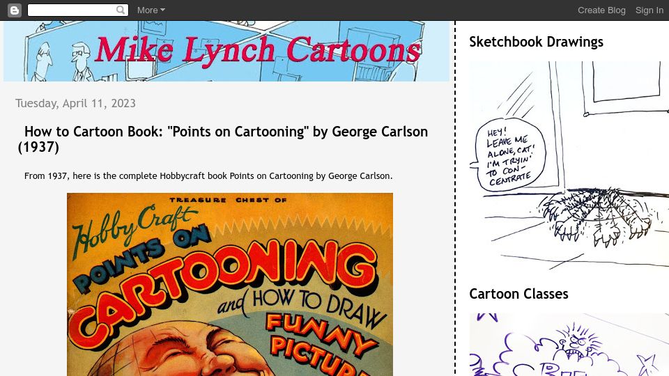 Screenshot of mikelynchcartoons.blogspot.com: Points on Cartooning (1937)