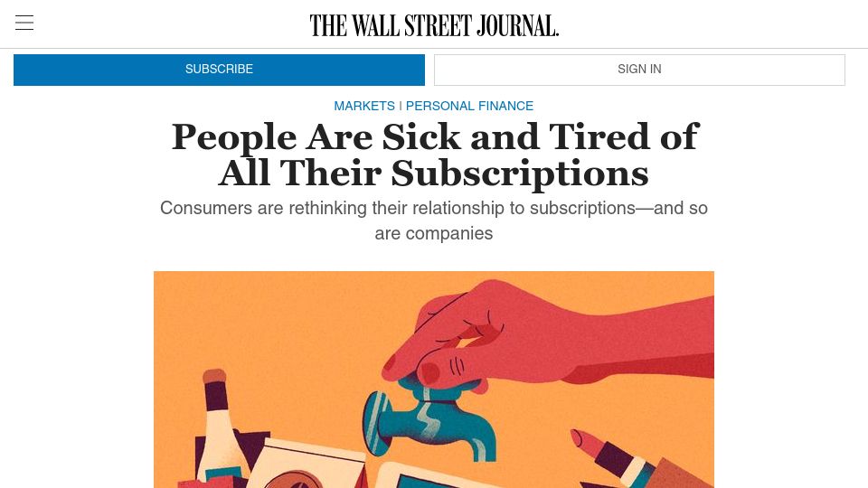 Screenshot of wsj.com: People Are Sick and Tired of All Their Subscriptions