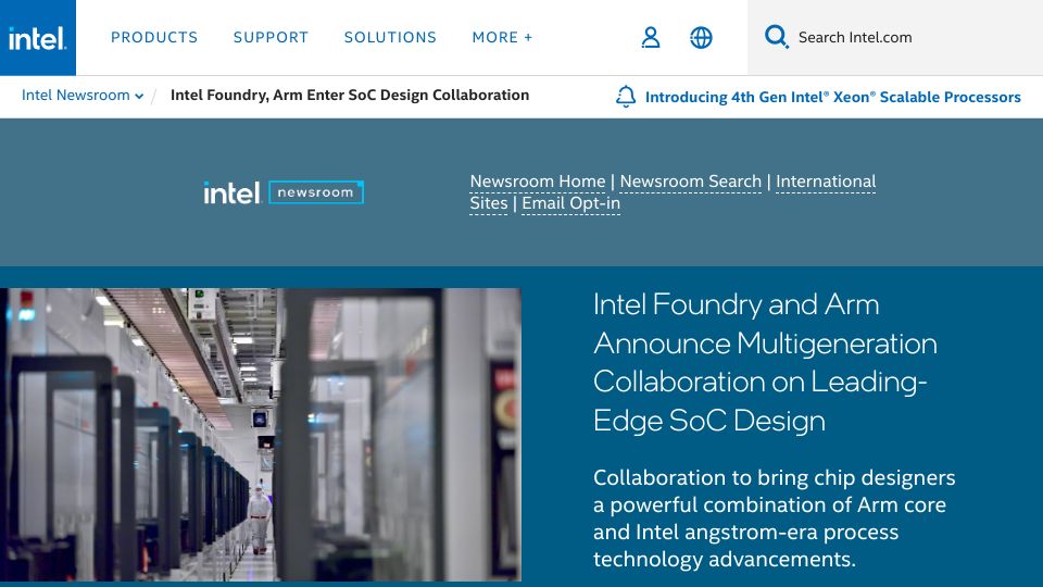 Screenshot of intel.com: Intel Foundry Services and Arm announce collaboration on SoC design