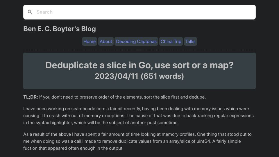 Screenshot of boyter.org: Deduplicate a slice in Go, use sort or a map?