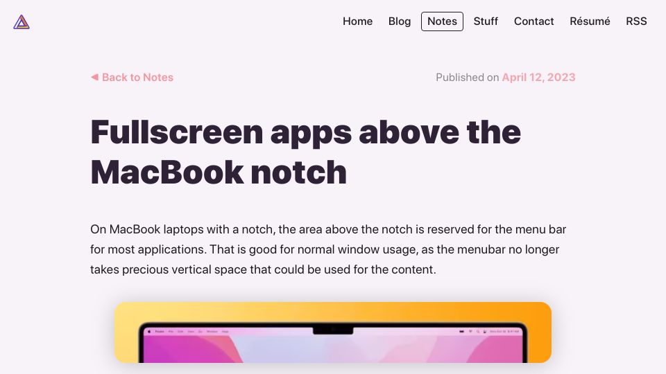 Screenshot of notes.alinpanaitiu.com: Fullscreen apps above the MacBook notch