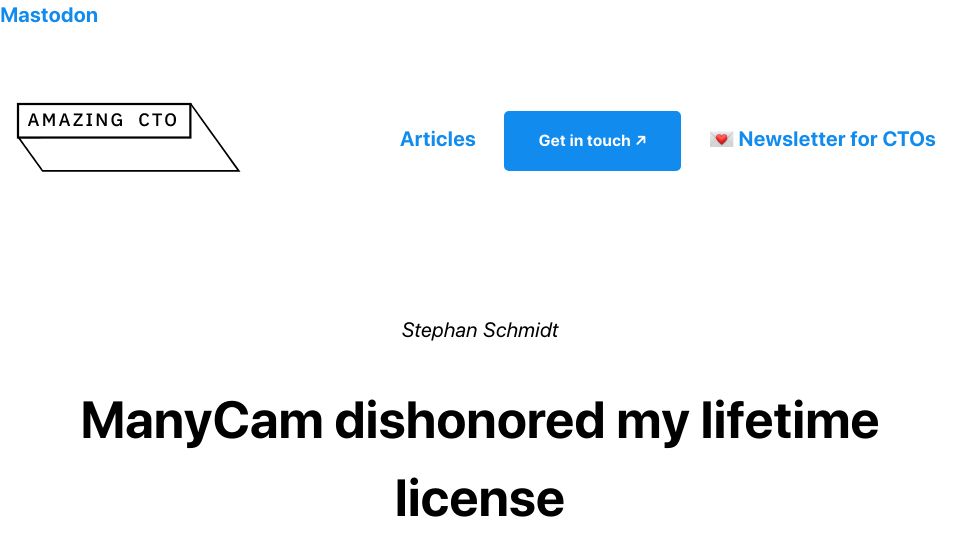 Screenshot of amazingcto.com: ManyCam dishonored my lifetime license