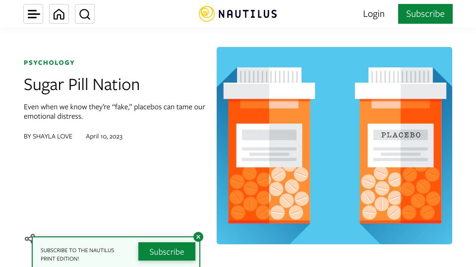Screenshot of nautil.us: Even when we know they’re “fake,” placebos can tame our emotional distress