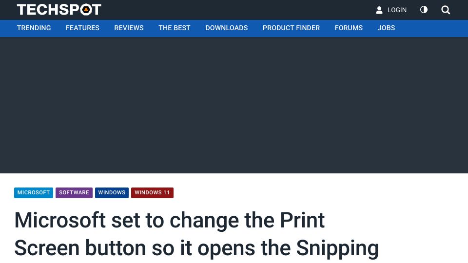 Screenshot of techspot.com: Microsoft to change PrintScreen button to open the Snipping Tool in Windows 11