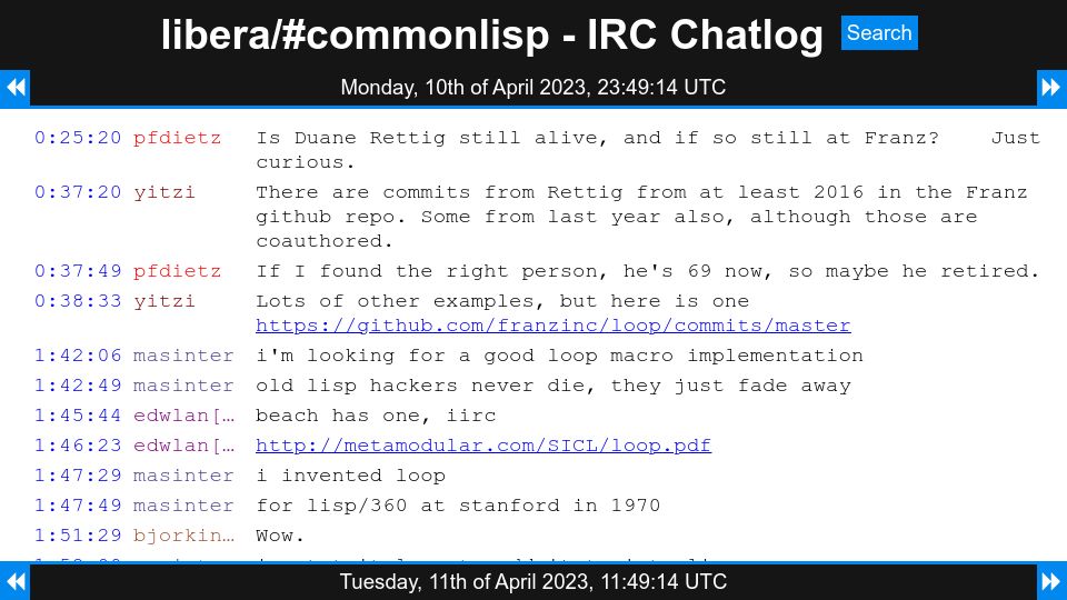 Screenshot of irclog.tymoon.eu: Conversation with Larry Masinter about standardizing Common Lisp