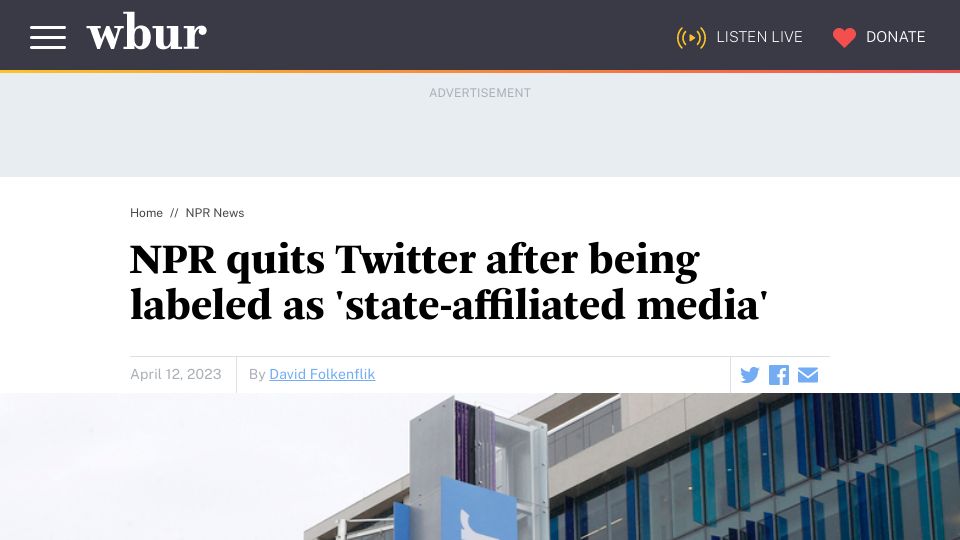 Screenshot of wbur.org: NPR quits Twitter after being labeled as 'state-affiliated media'