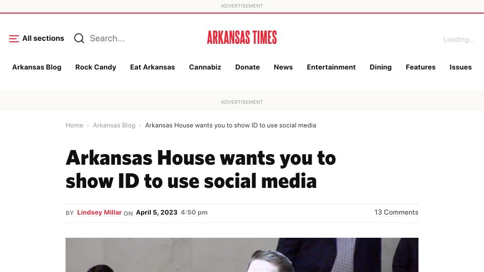Screenshot of arktimes.com: Arkansas House wants you to show ID to use social media