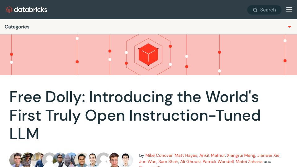 Screenshot of databricks.com: Free Dolly: First truly open instruction-tuned LLM