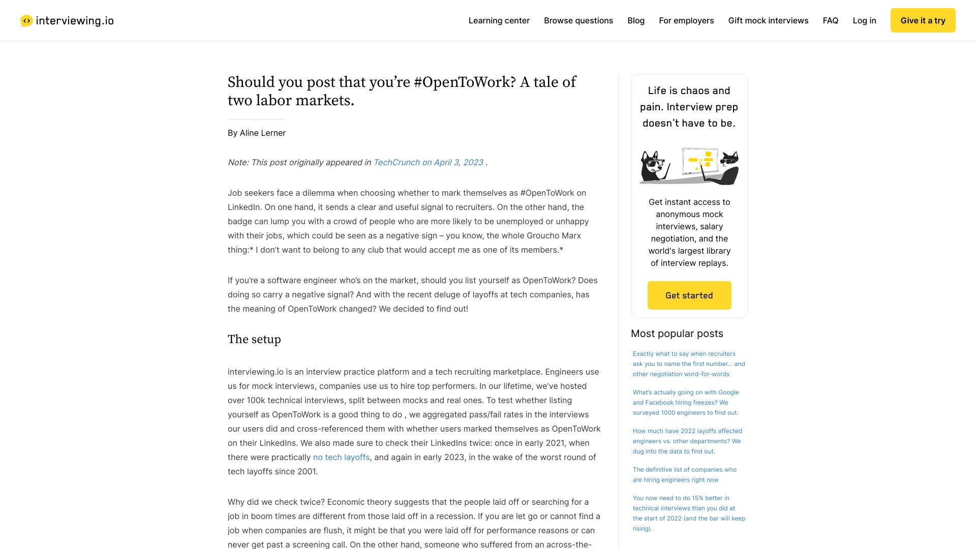 Screenshot of interviewing.io: Should you post that you’re OpenToWork? A tale of two labor markets