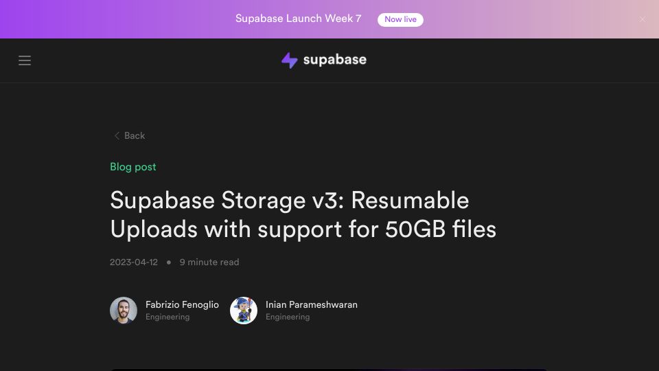 Screenshot of supabase.com: Supabase Storage v3: Resumable Uploads with support for 50GB files